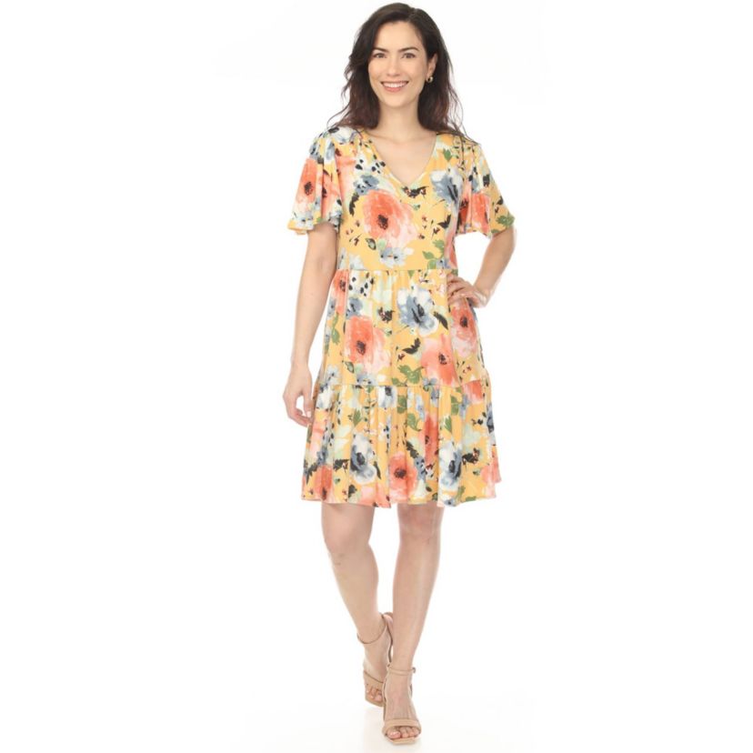White Mark Women's V-Neck Vintage Floral Short Sleeve Dress Yellow / S