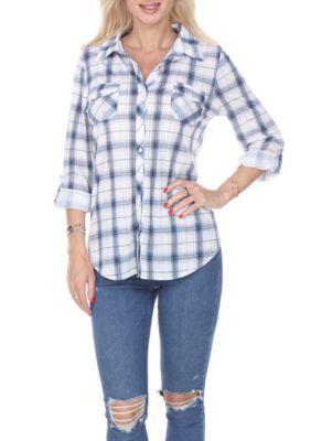 White Mark Women's Oakley Stretchy Plaid Roll Cuff Top, Blue, Large