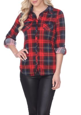 White Mark Women's Oakley Stretchy Plaid Roll Cuff Top, Red, XL