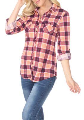 White Mark Women's Oakley Stretchy Plaid Roll Cuff Top, Orange, Large