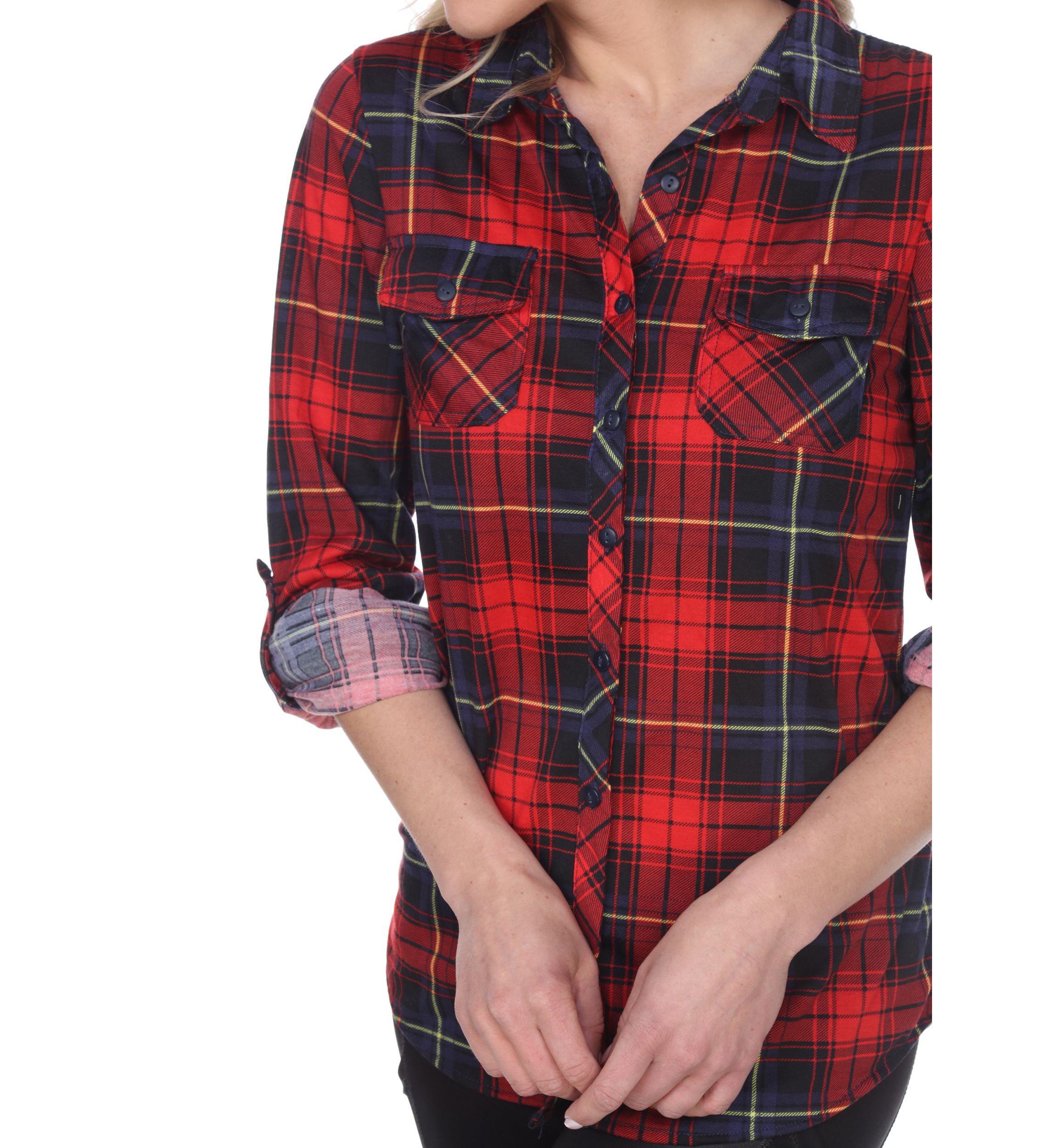 Womens Oakley Stretchy Plaid Roll Cuff Top