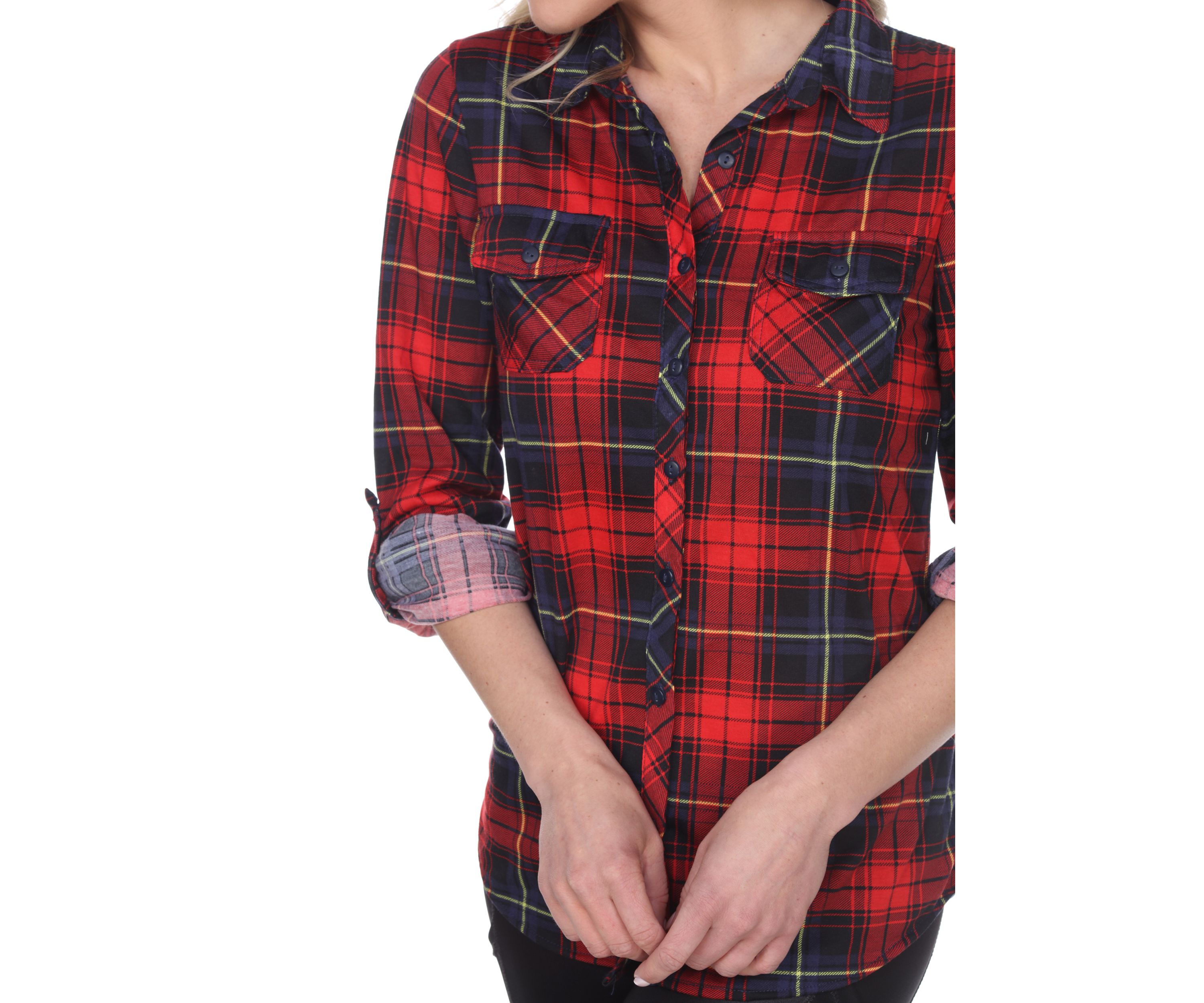 Womens Oakley Stretchy Plaid Roll Cuff Top