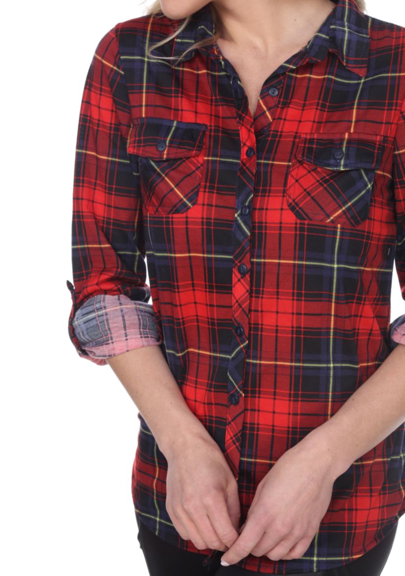 Womens Oakley Stretchy Plaid Roll Cuff Top