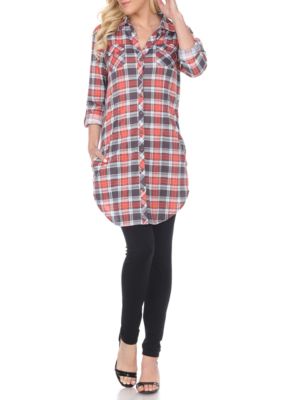 White Mark Women's Piper Stretchy Plaid Roll Cuff Tunic, Grey, Small