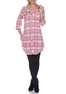 White Mark Women's Piper Stretchy Plaid Roll Cuff Tunic, Beige, Large