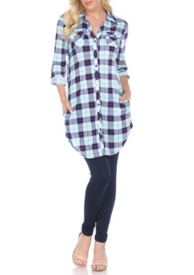 White Mark Women's Piper Stretchy Plaid Roll Cuff Tunic, Green, Large