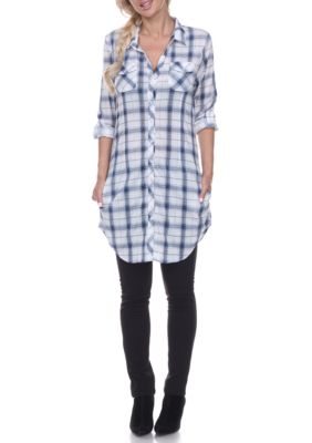 White Mark Women's Piper Stretchy Plaid Roll Cuff Tunic, Blue, Large
