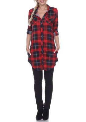 White Mark Women's Piper Stretchy Plaid Roll Cuff Tunic, Red, Small
