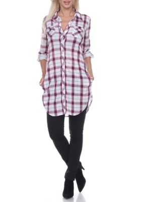 White Mark Women's Piper Stretchy Plaid Roll Cuff Tunic, Red, Large