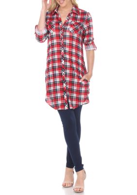 White Mark Women's Piper Stretchy Plaid Roll Cuff Tunic, Red, Large