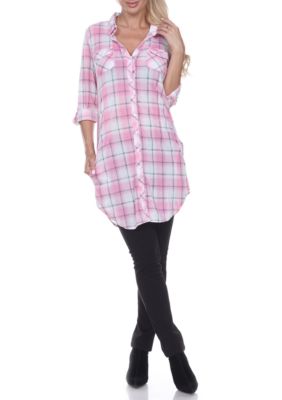 White Mark Women's Piper Stretchy Plaid Roll Cuff Tunic, Pink, XL