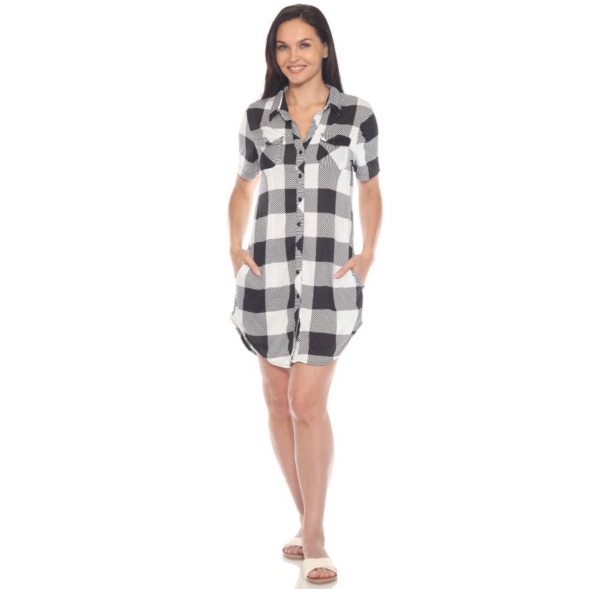 Womens Short Sleeve Plaid Button-Down Shirt Dress