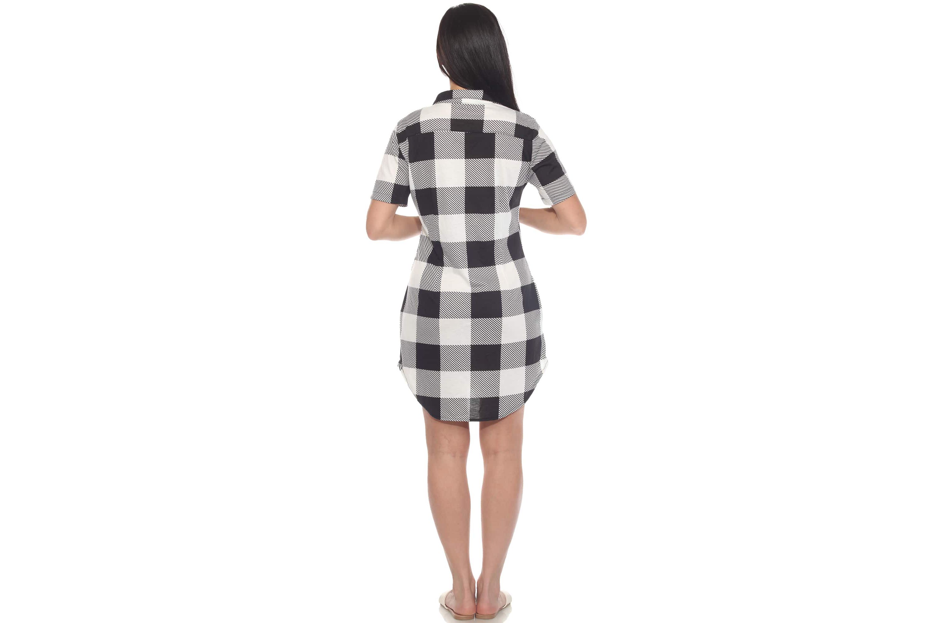 Womens Short Sleeve Plaid Button-Down Shirt Dress