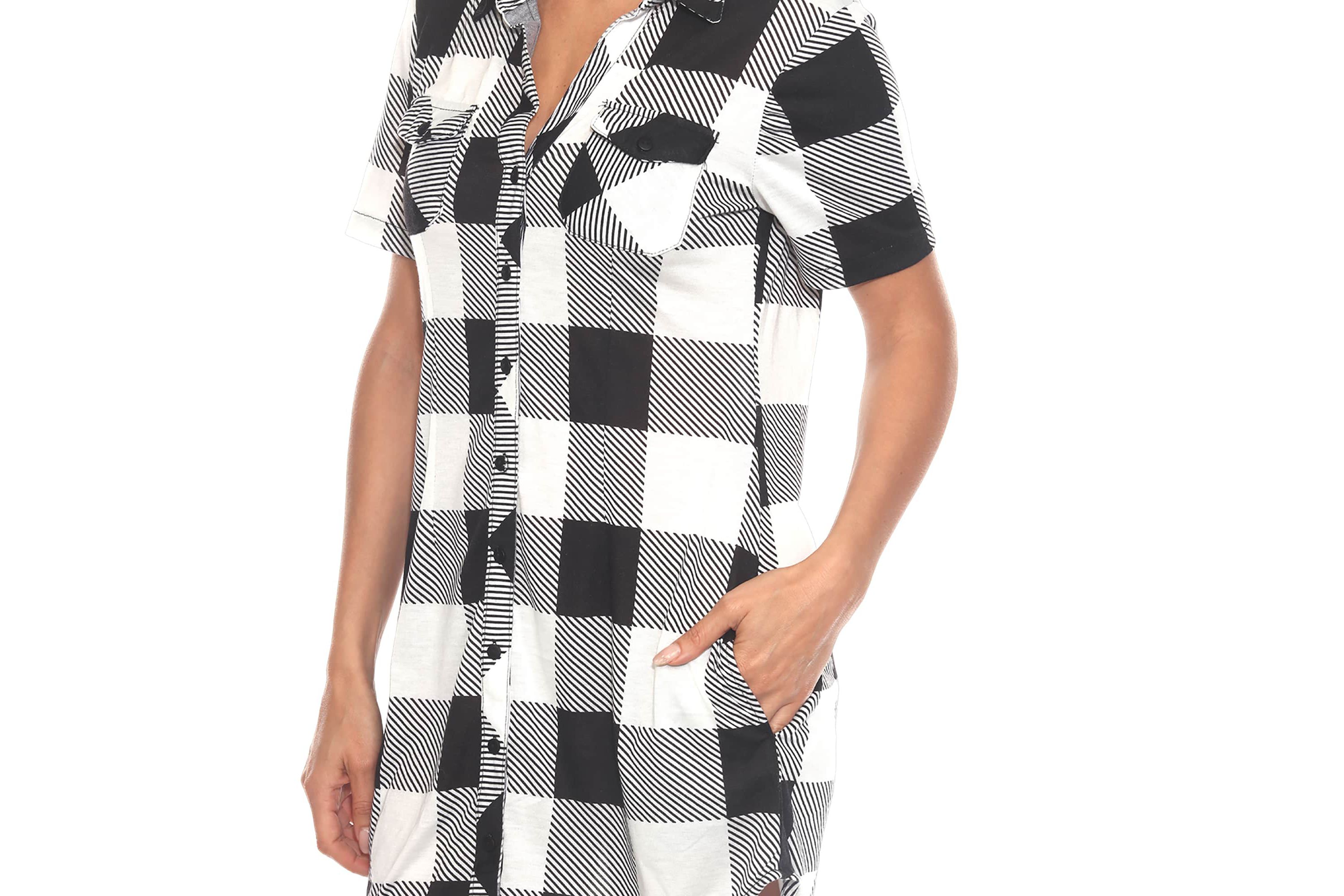Womens Short Sleeve Plaid Button-Down Shirt Dress
