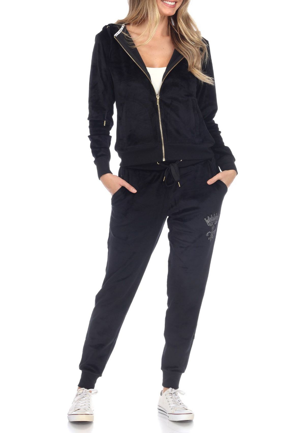Rhinestone 2 Piece Velour Tracksuit Set