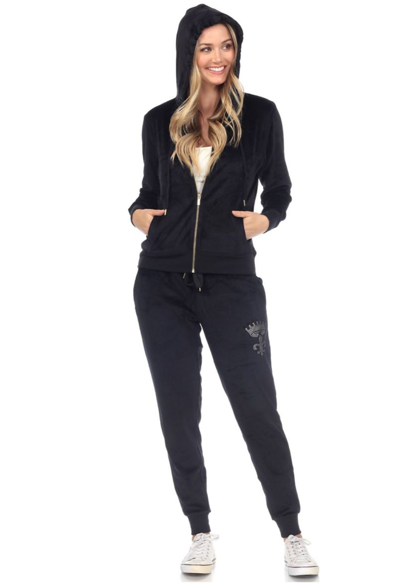 Rhinestone 2 Piece Velour Tracksuit Set