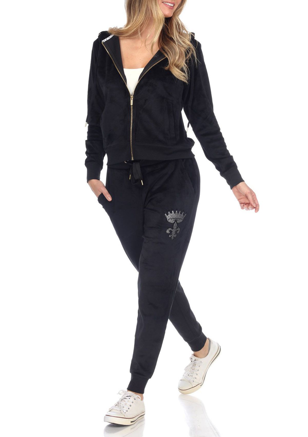 Rhinestone 2 Piece Velour Tracksuit Set