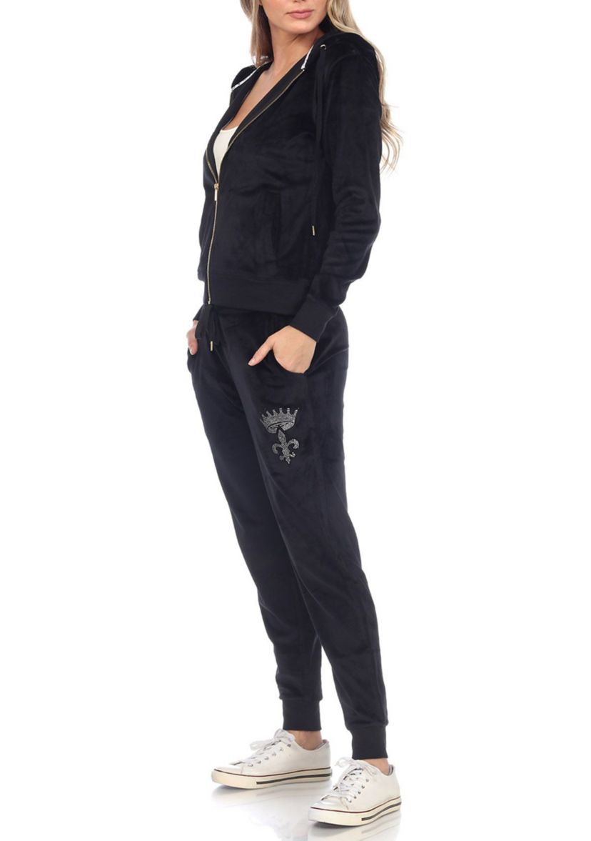 Rhinestone 2 Piece Velour Tracksuit Set