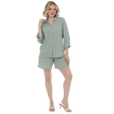 White Mark Women's Gauze Button-Front Shirt & Shorts Set, XL