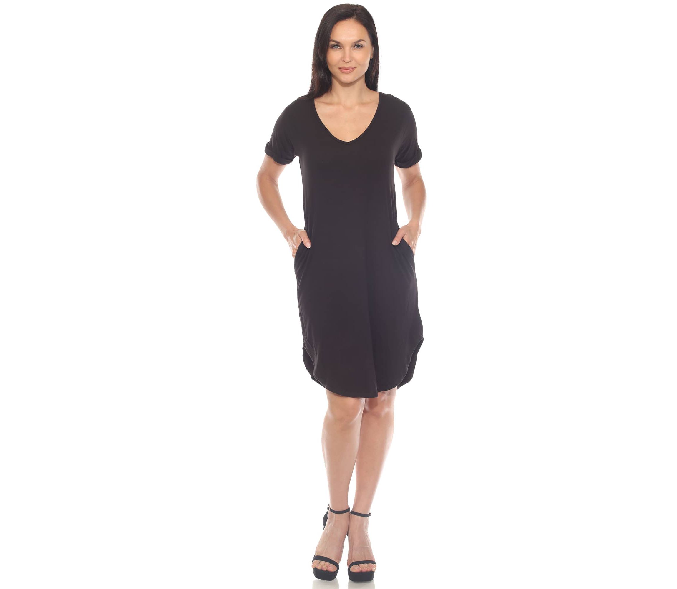 Womens V-Neck Knee-Length Dress with Folded Sleeves and Pockets
