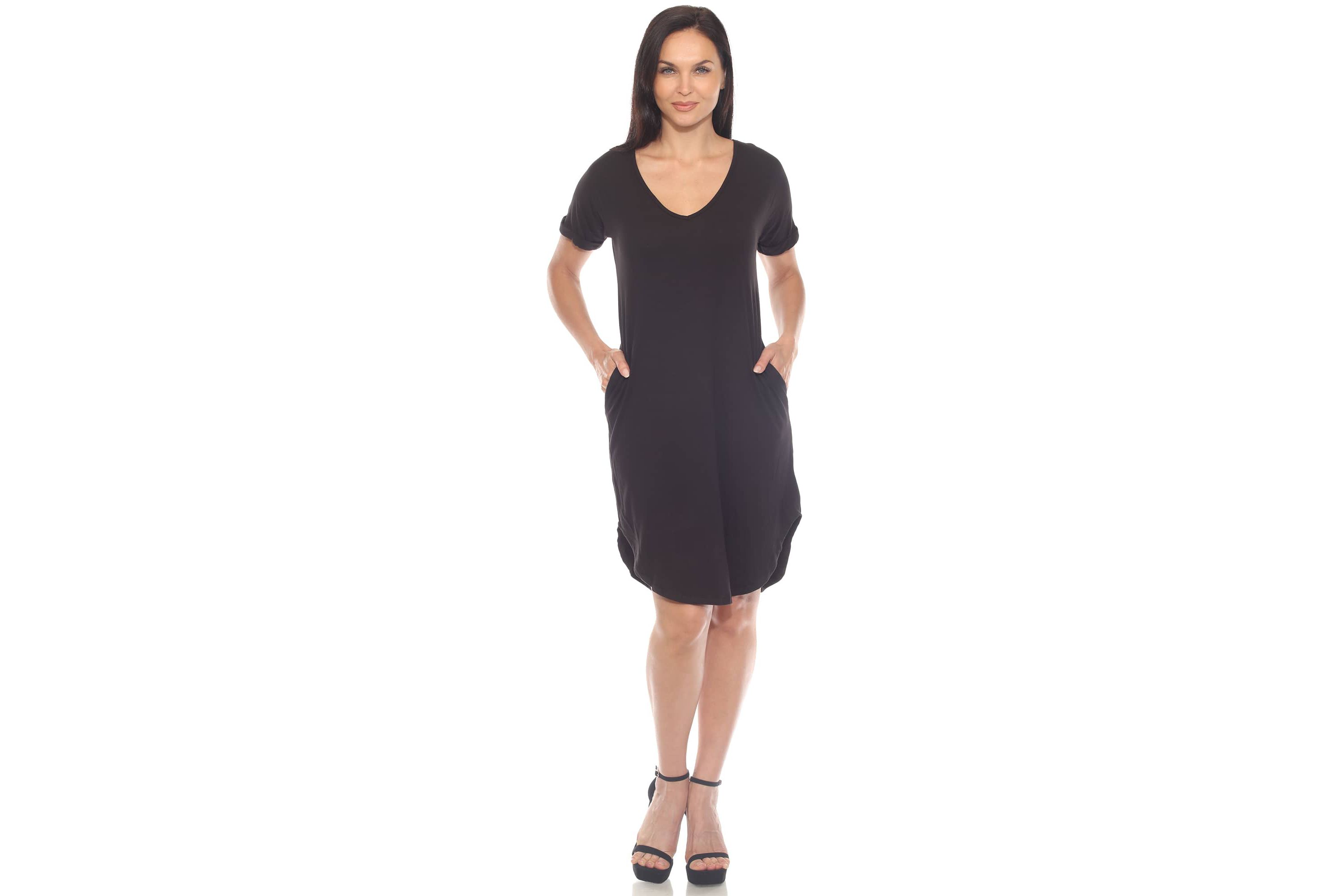 Womens V-Neck Knee-Length Dress with Folded Sleeves and Pockets