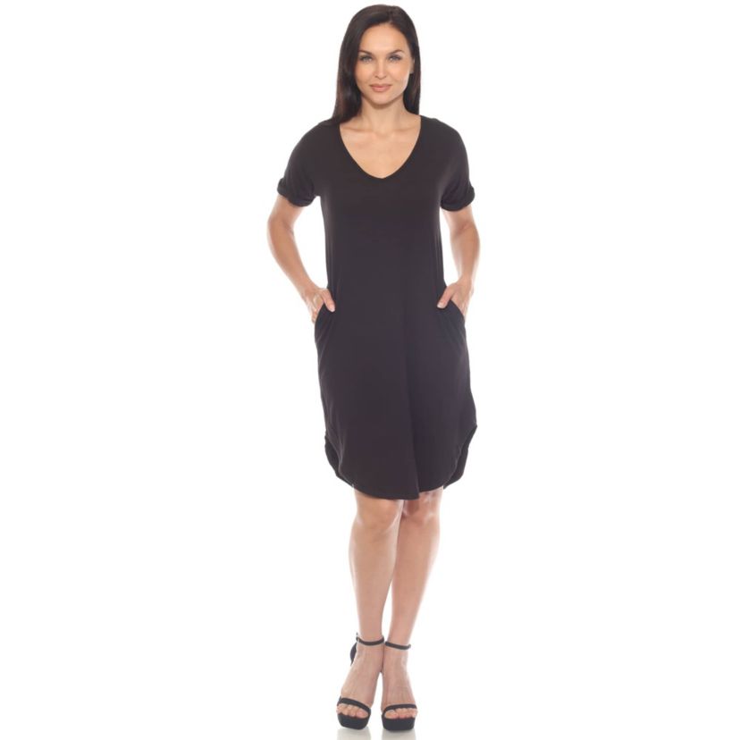 Womens V-Neck Knee-Length Dress with Folded Sleeves and Pockets