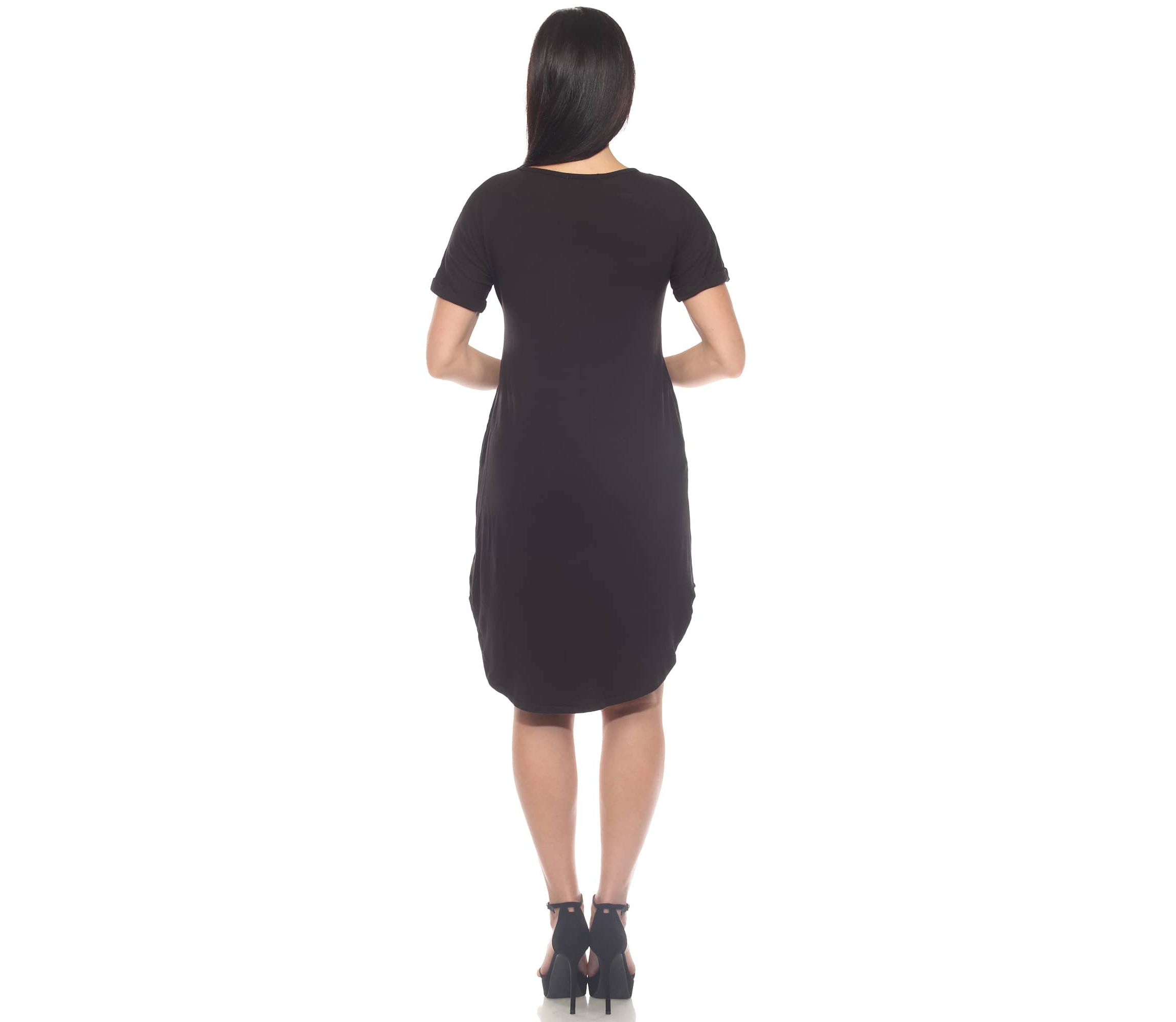 Womens V-Neck Knee-Length Dress with Folded Sleeves and Pockets