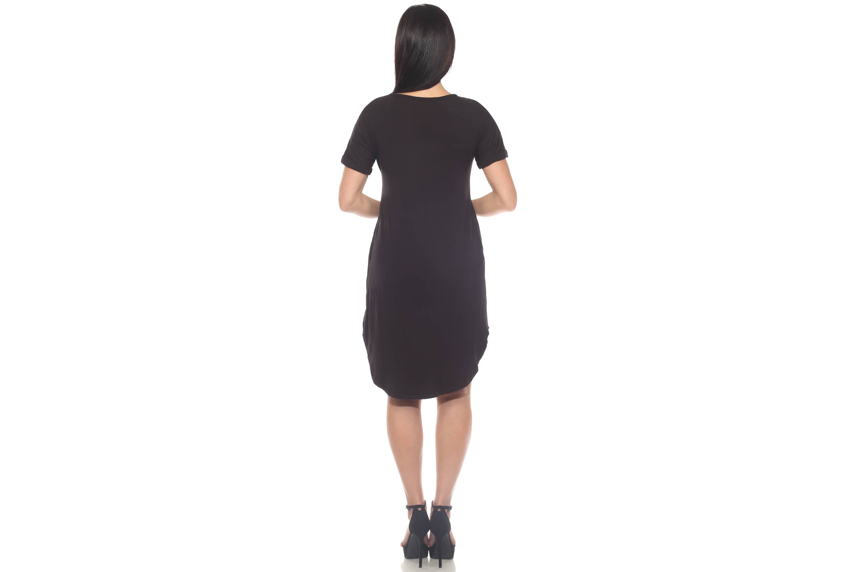 Womens V-Neck Knee-Length Dress with Folded Sleeves and Pockets