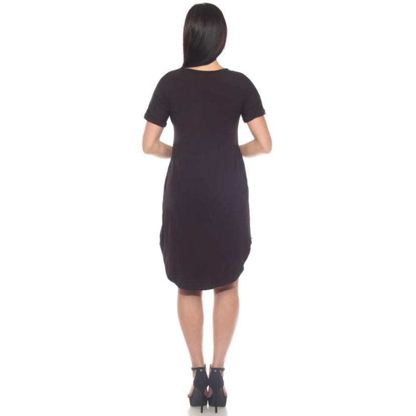 Womens V-Neck Knee-Length Dress with Folded Sleeves and Pockets