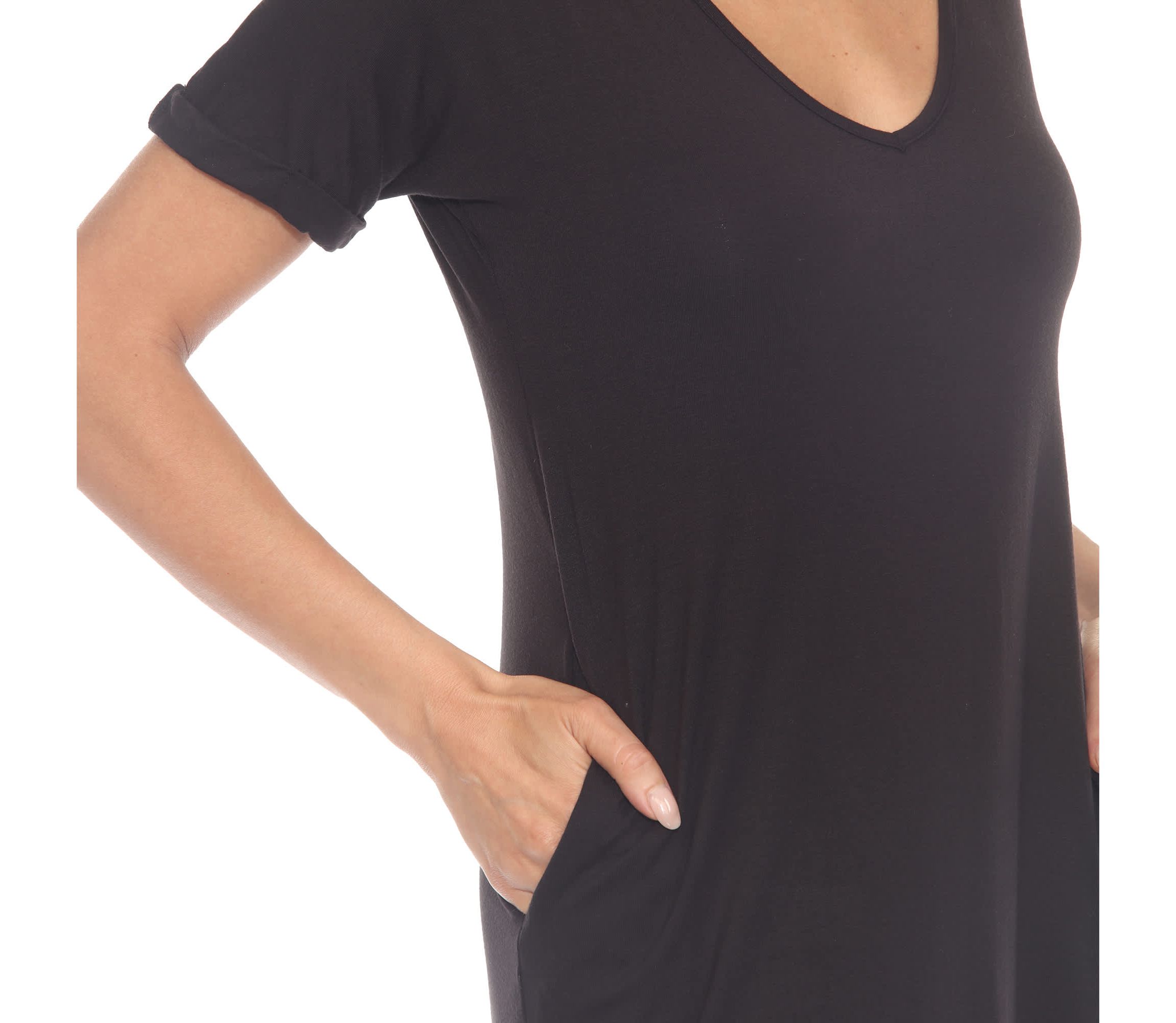 Womens V-Neck Knee-Length Dress with Folded Sleeves and Pockets