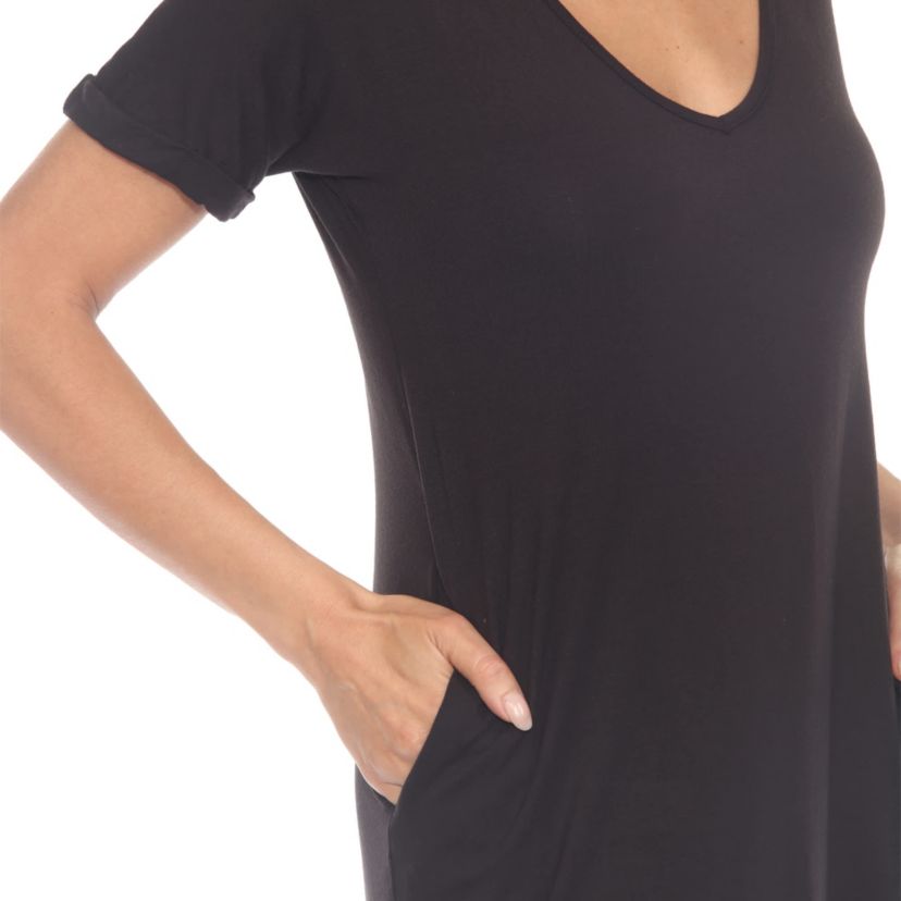 Womens V-Neck Knee-Length Dress with Folded Sleeves and Pockets
