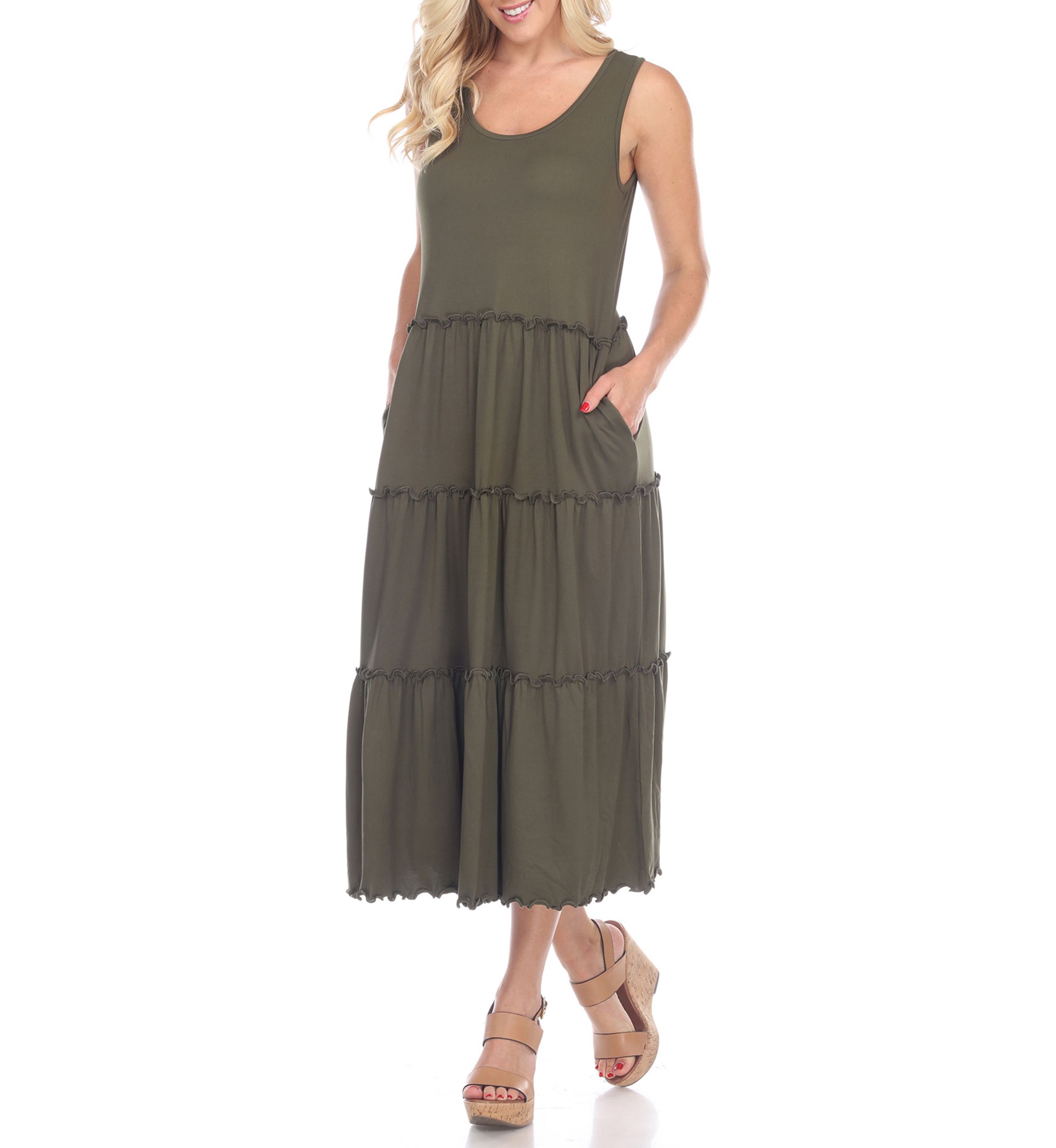 Womens Scoop Neck Tiered Midi Dress