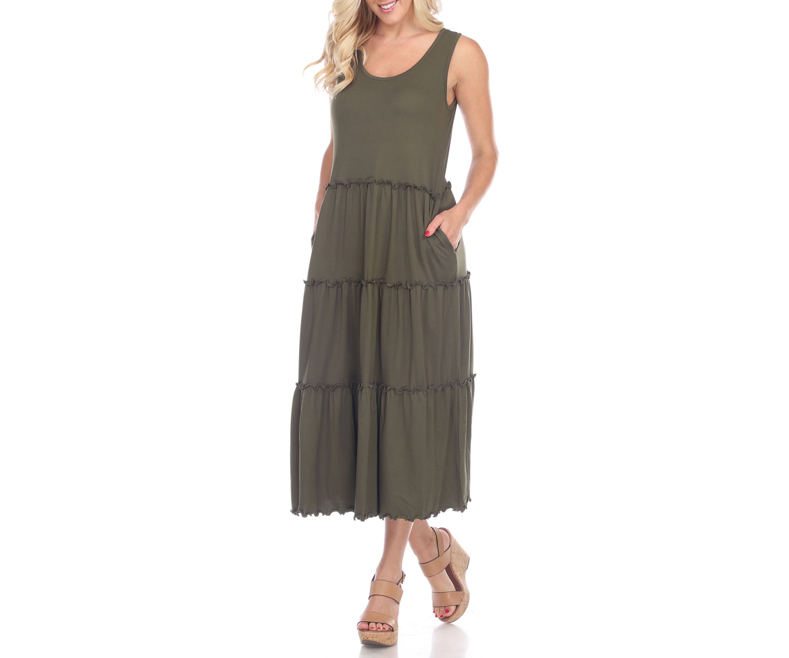 Womens Scoop Neck Tiered Midi Dress