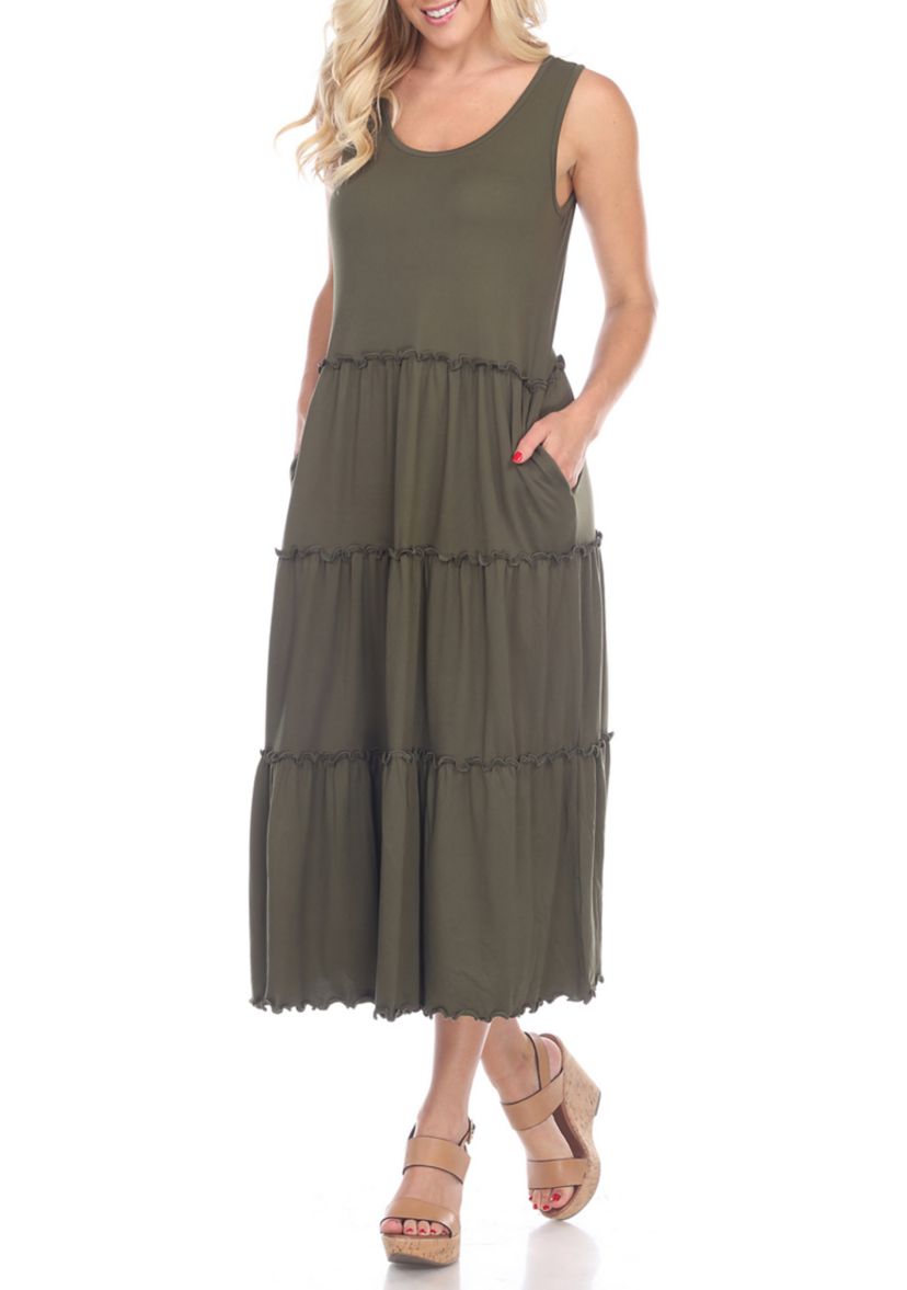 Womens Scoop Neck Tiered Midi Dress