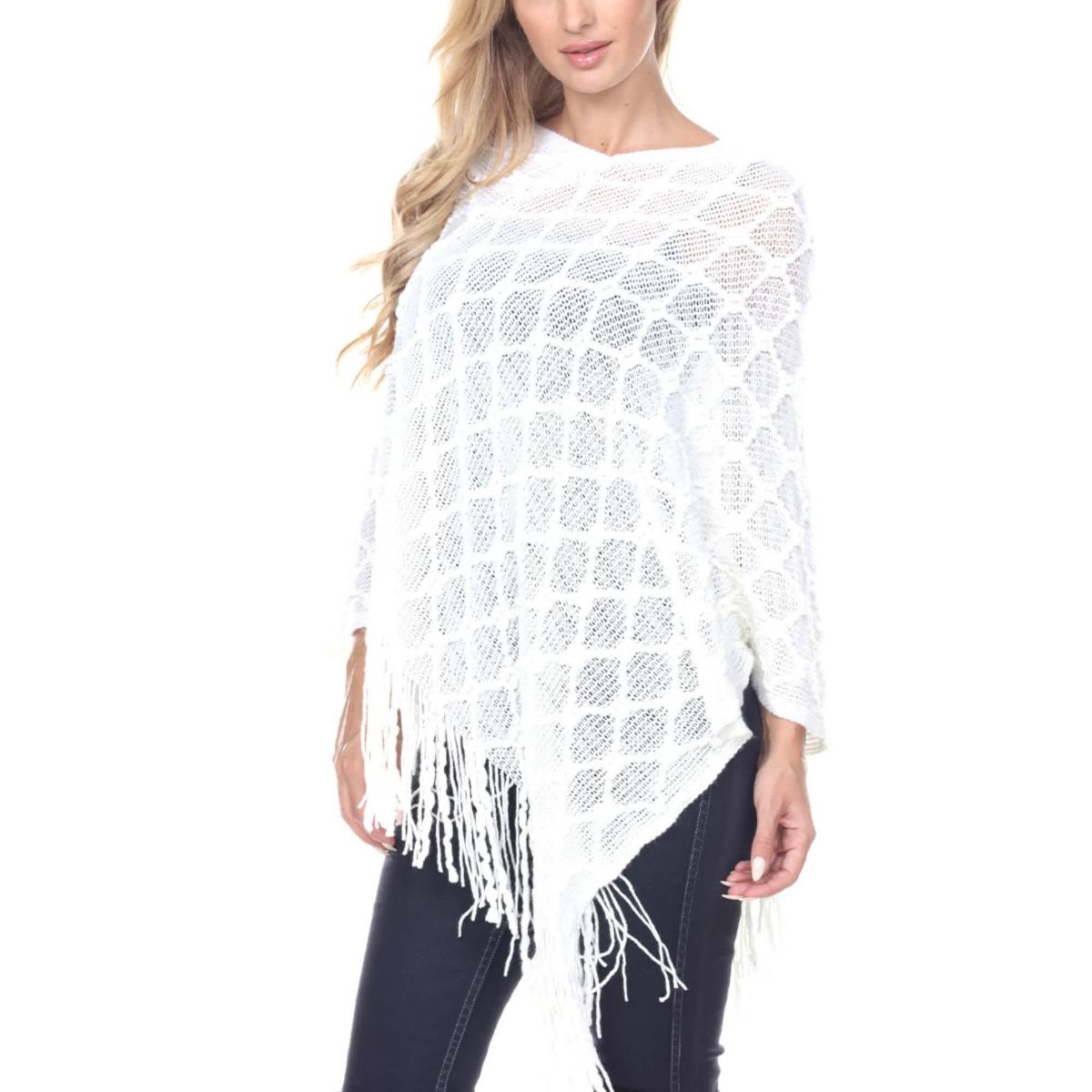 Womens Open Knit Fringe Poncho