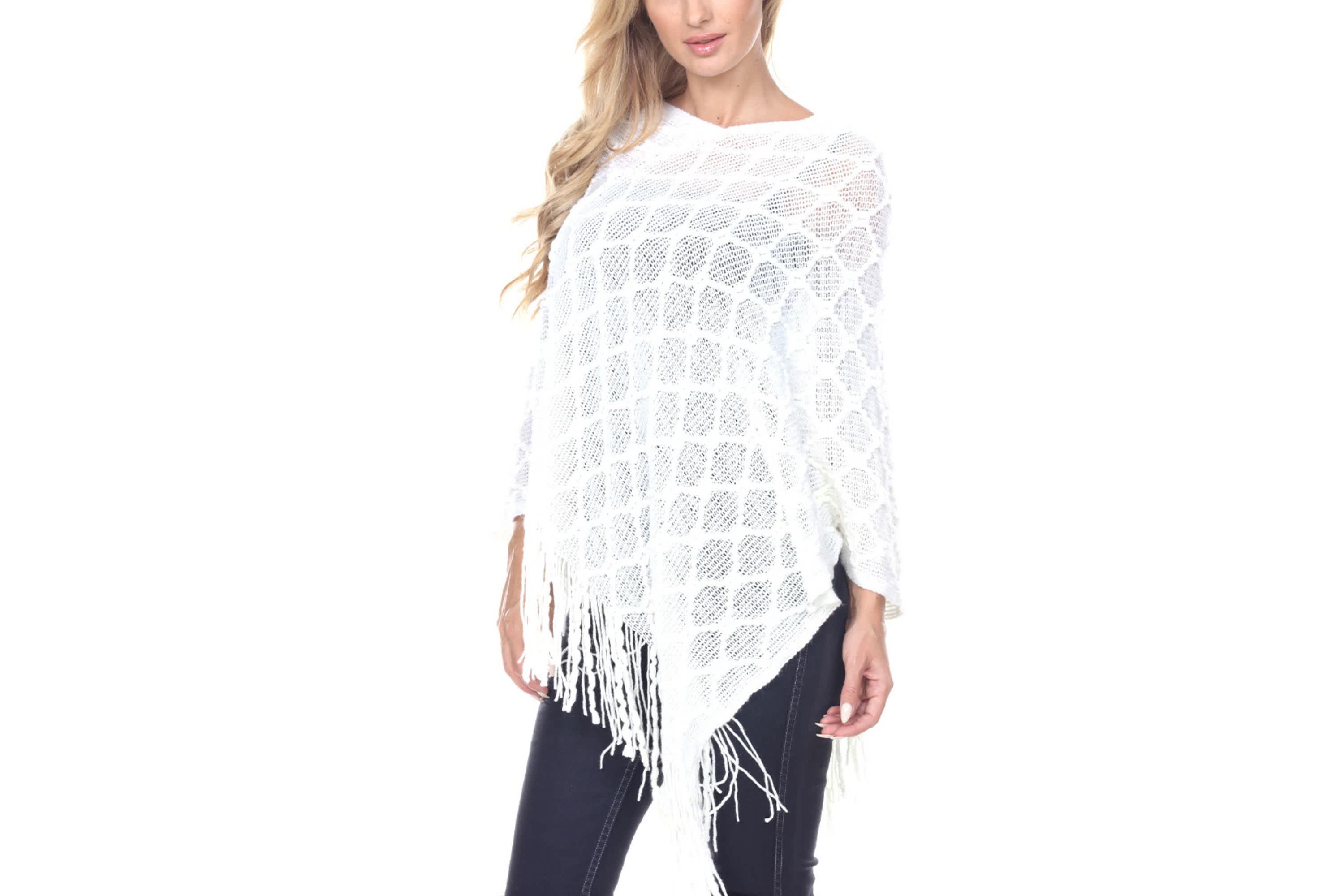 Womens Open Knit Fringe Poncho