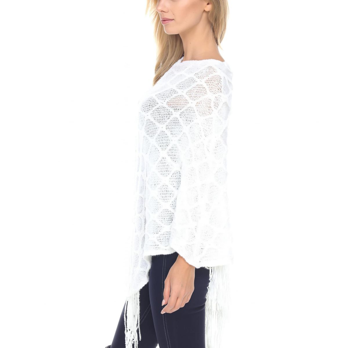 Womens Open Knit Fringe Poncho