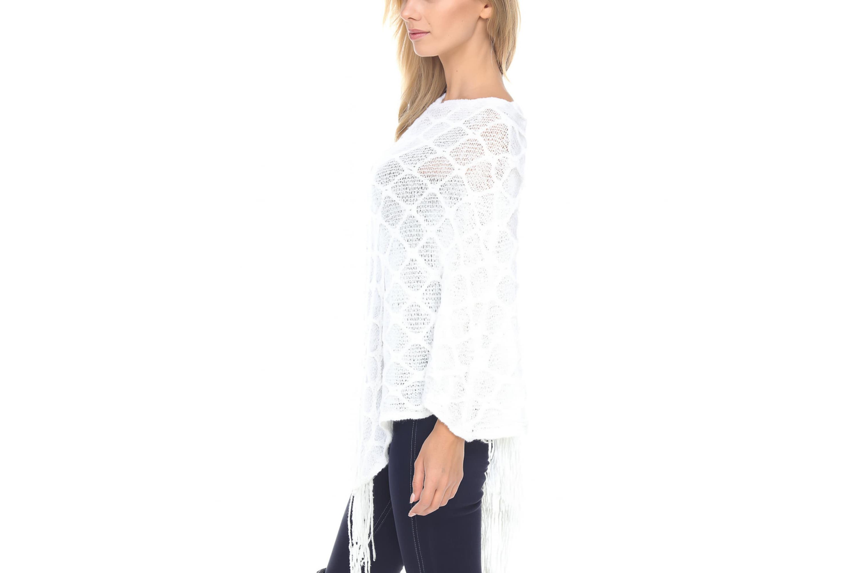 Womens Open Knit Fringe Poncho