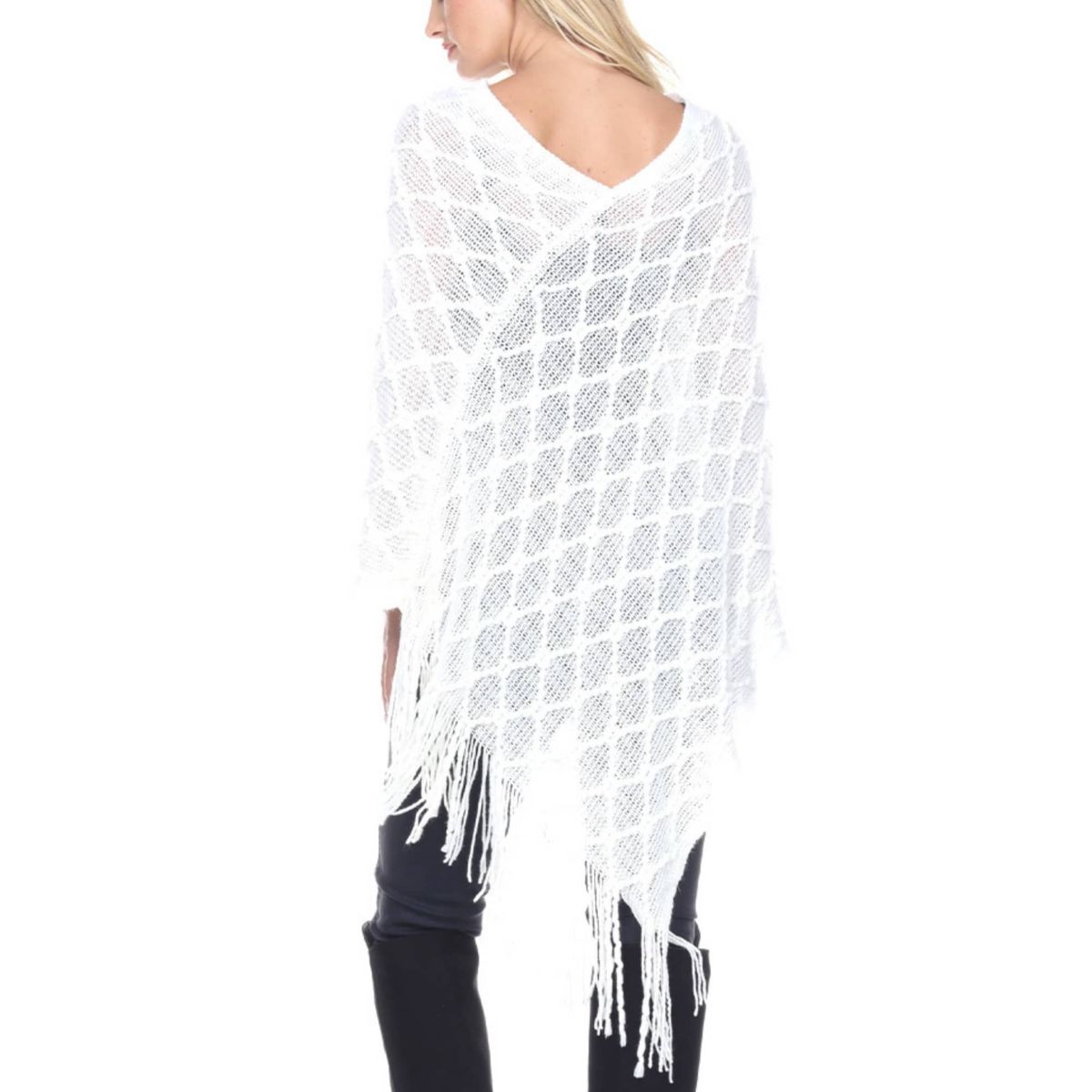 Womens Open Knit Fringe Poncho