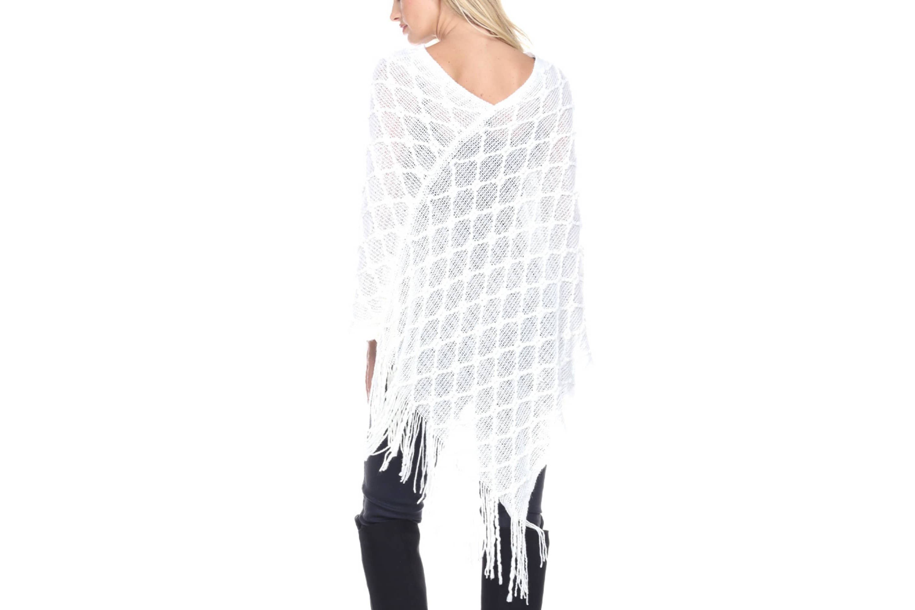 Womens Open Knit Fringe Poncho