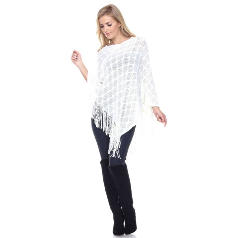 Womens Open Knit Fringe Poncho