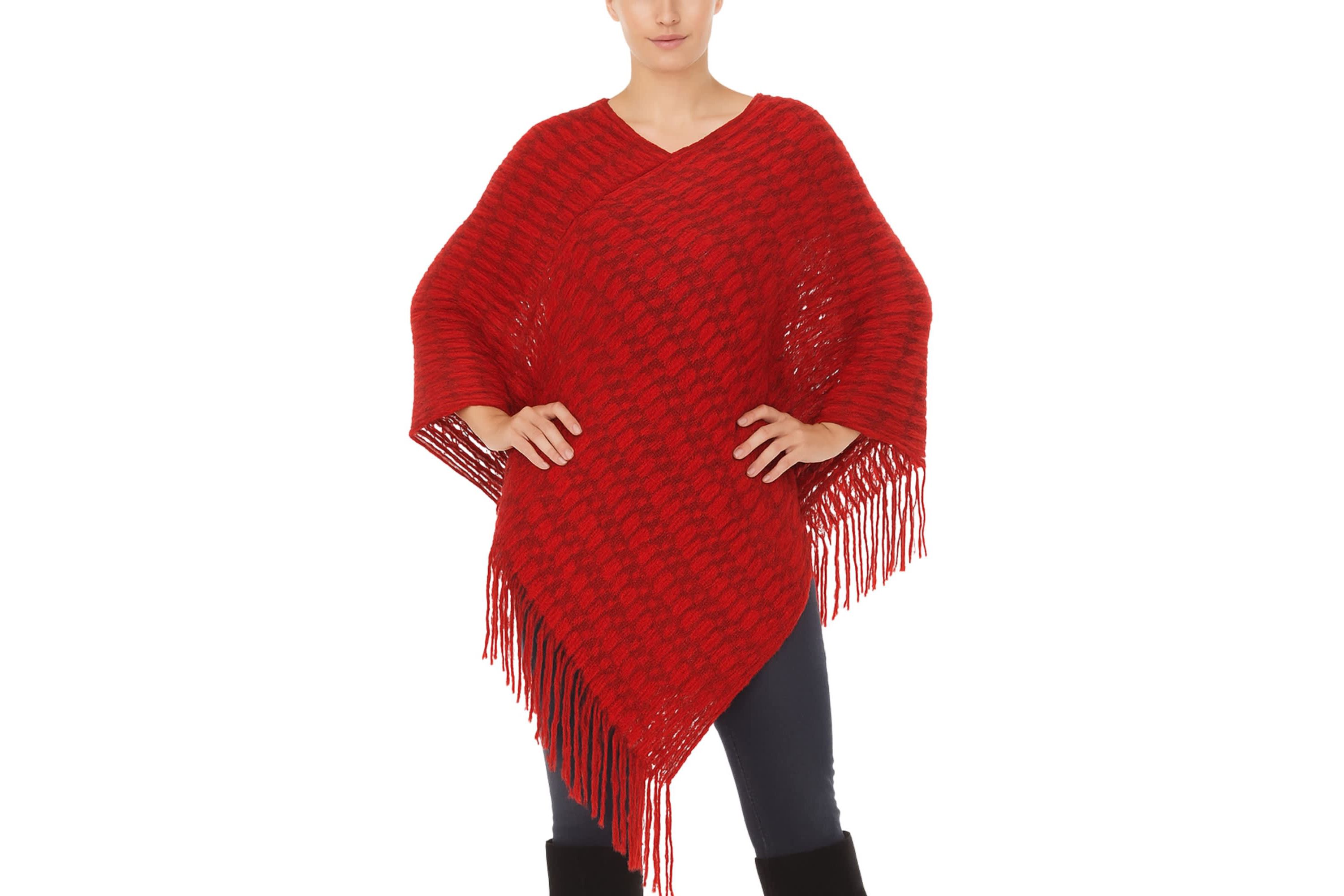 Womens Textured Fringed Poncho