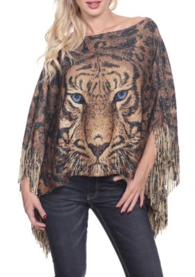 Leopard Print Poncho with Fringe