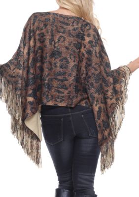 Leopard Print Poncho with Fringe