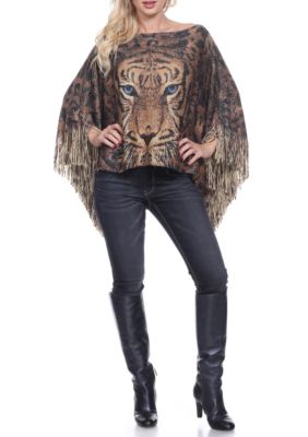 Leopard Print Poncho with Fringe