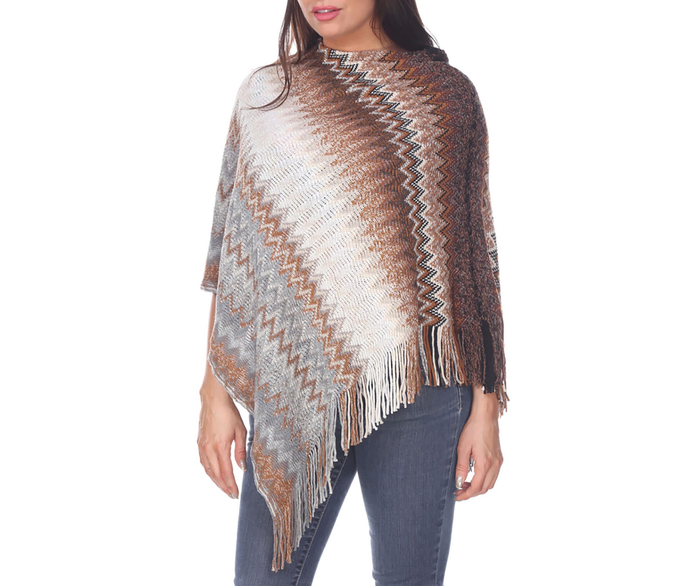 Womens Chevron Knit Fringed Hem Poncho