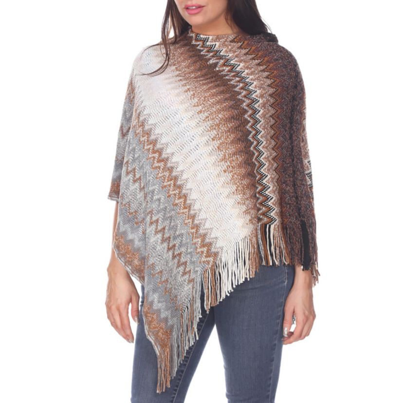 Womens Chevron Knit Fringed Hem Poncho