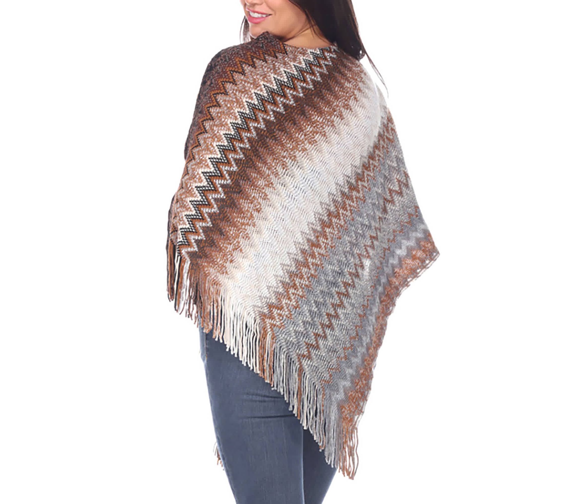 Womens Chevron Knit Fringed Hem Poncho
