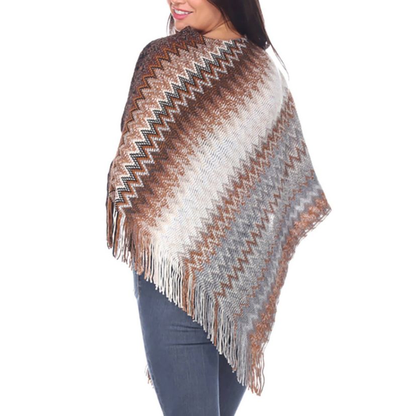 Womens Chevron Knit Fringed Hem Poncho