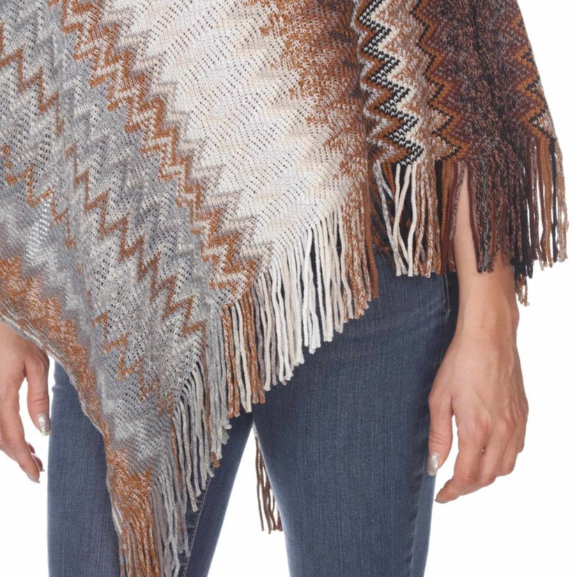 Womens Chevron Knit Fringed Hem Poncho